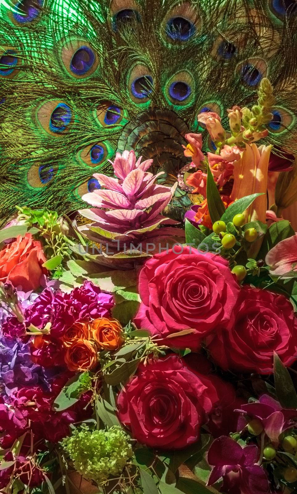 Fresh bouquet of roses, rubrum lily, hydrangea, by steffstarr