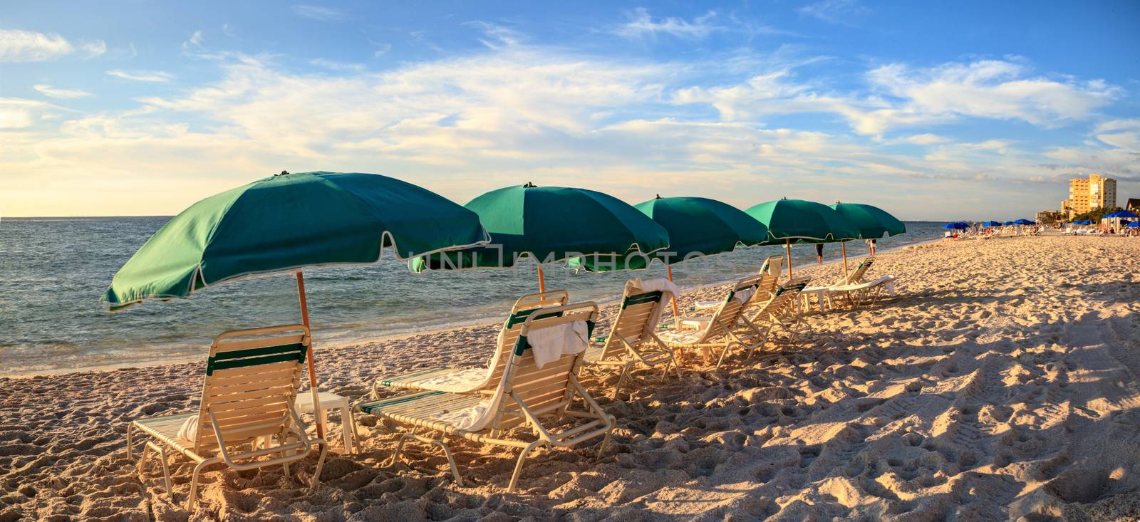 Umbrellas along Vanderbilt Beach in Naples, Florida, USA at sunset