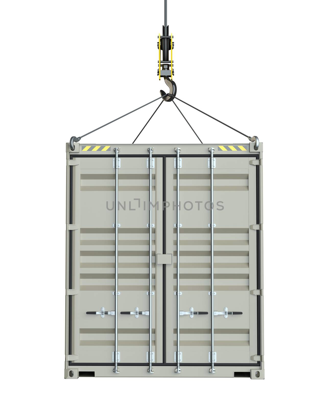 Service delivery - cargo container hoisted by hook. 3D rendering