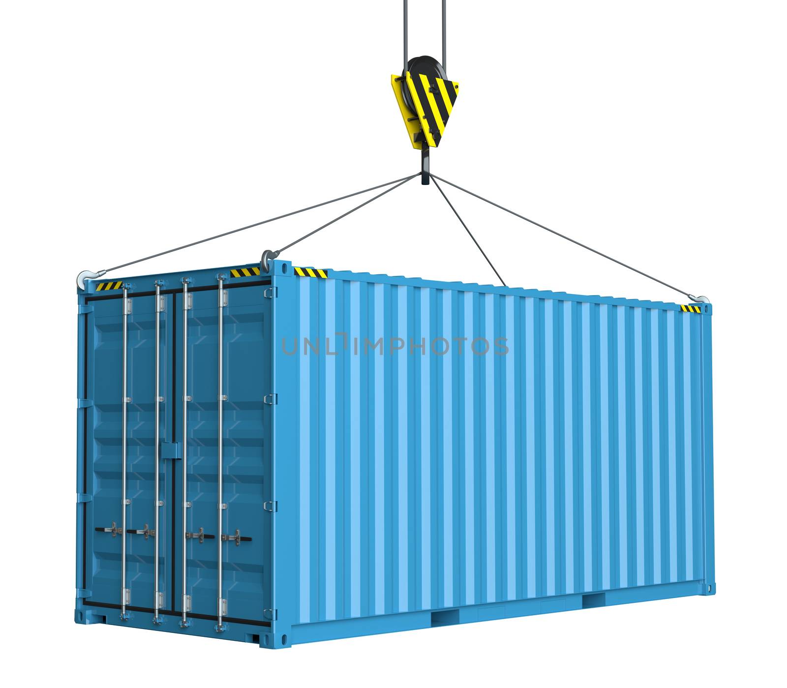 Service delivery - blue cargo container hoisted by hook. 3D rendering