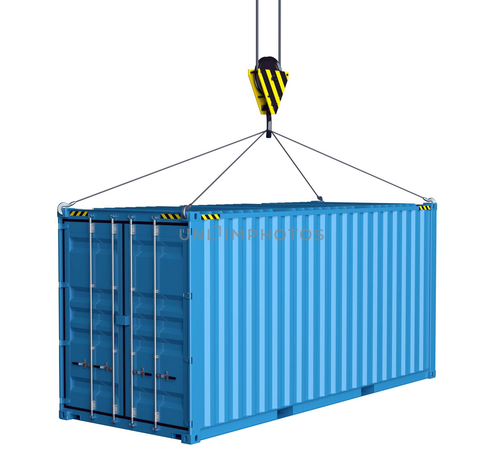 Service delivery - blue cargo container hoisted by hook. 3D rendering