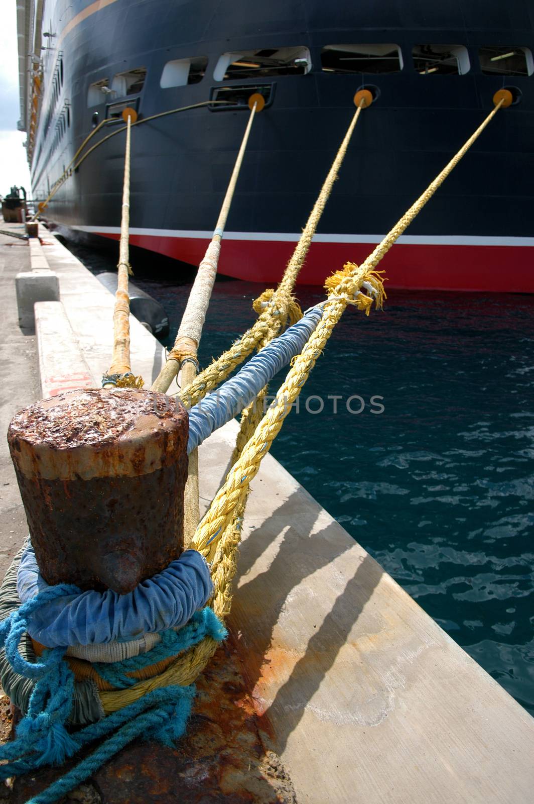 Ropes of Cruise ship docked in the port