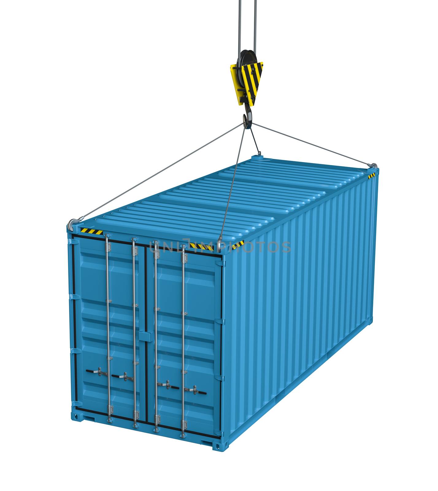 Service delivery - blue cargo container hoisted by hook. 3D rendering