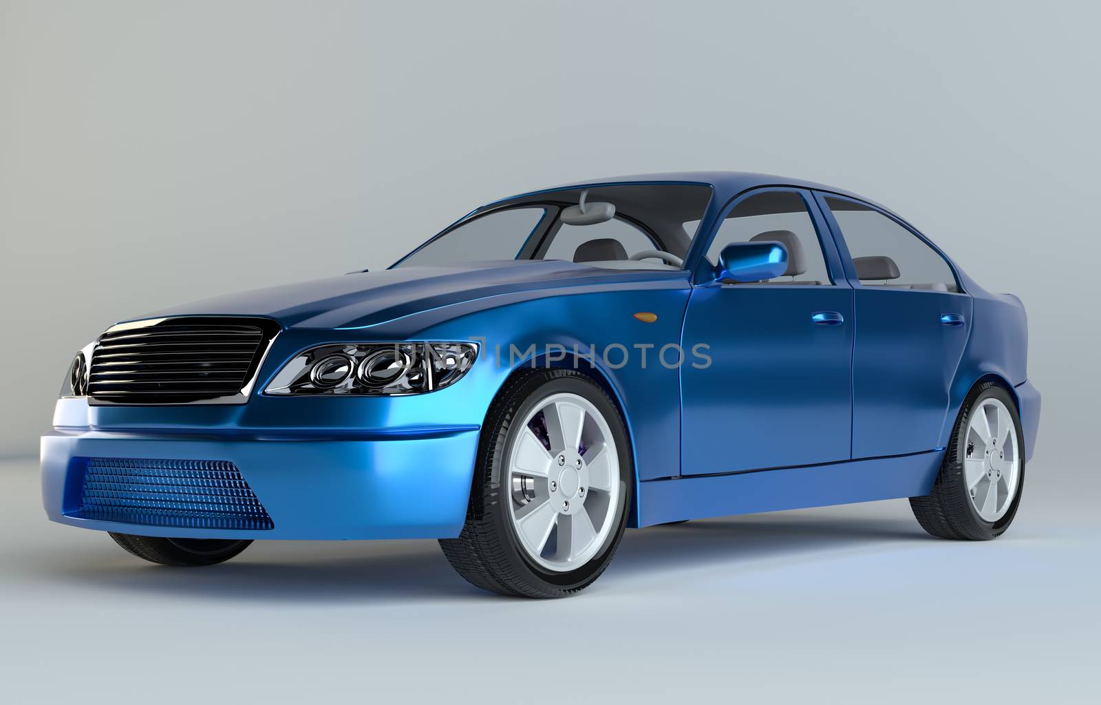Three-Dimensional Blue Sedan Studio Shot. 3d rendering