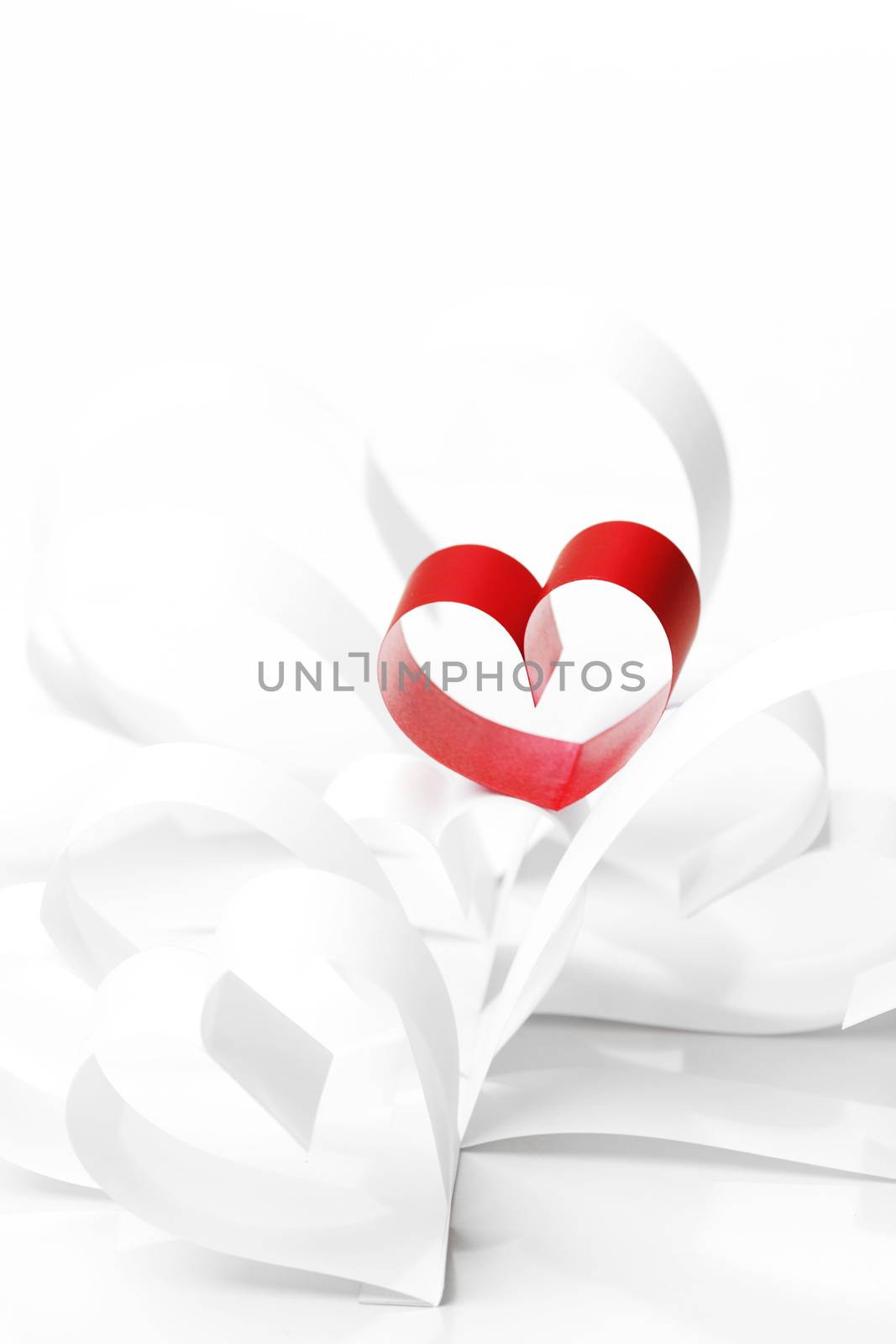 Paper ribbon hearts on white background, Valentines day concept