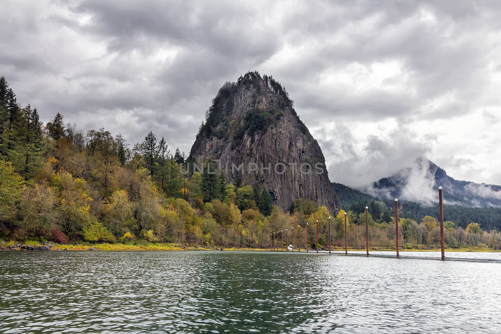 Beacon Rock at Columbia River George in Washington State in Fall Season