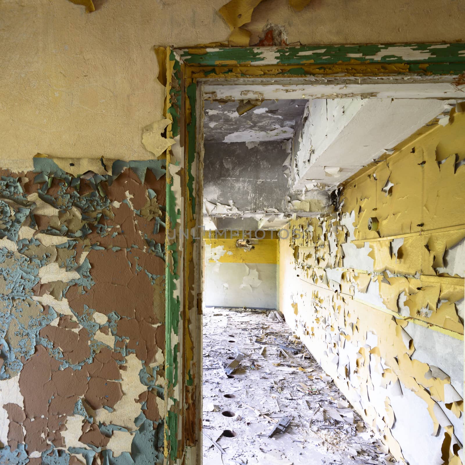 wide angle view of an old wall abandoned factory building