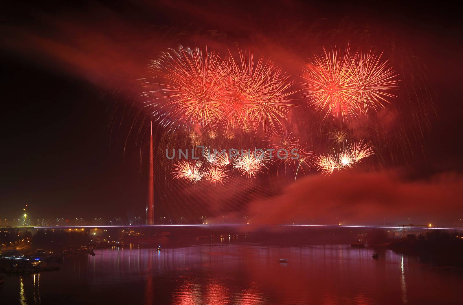 Fireworks above Ada bridge in Belgrade at night
