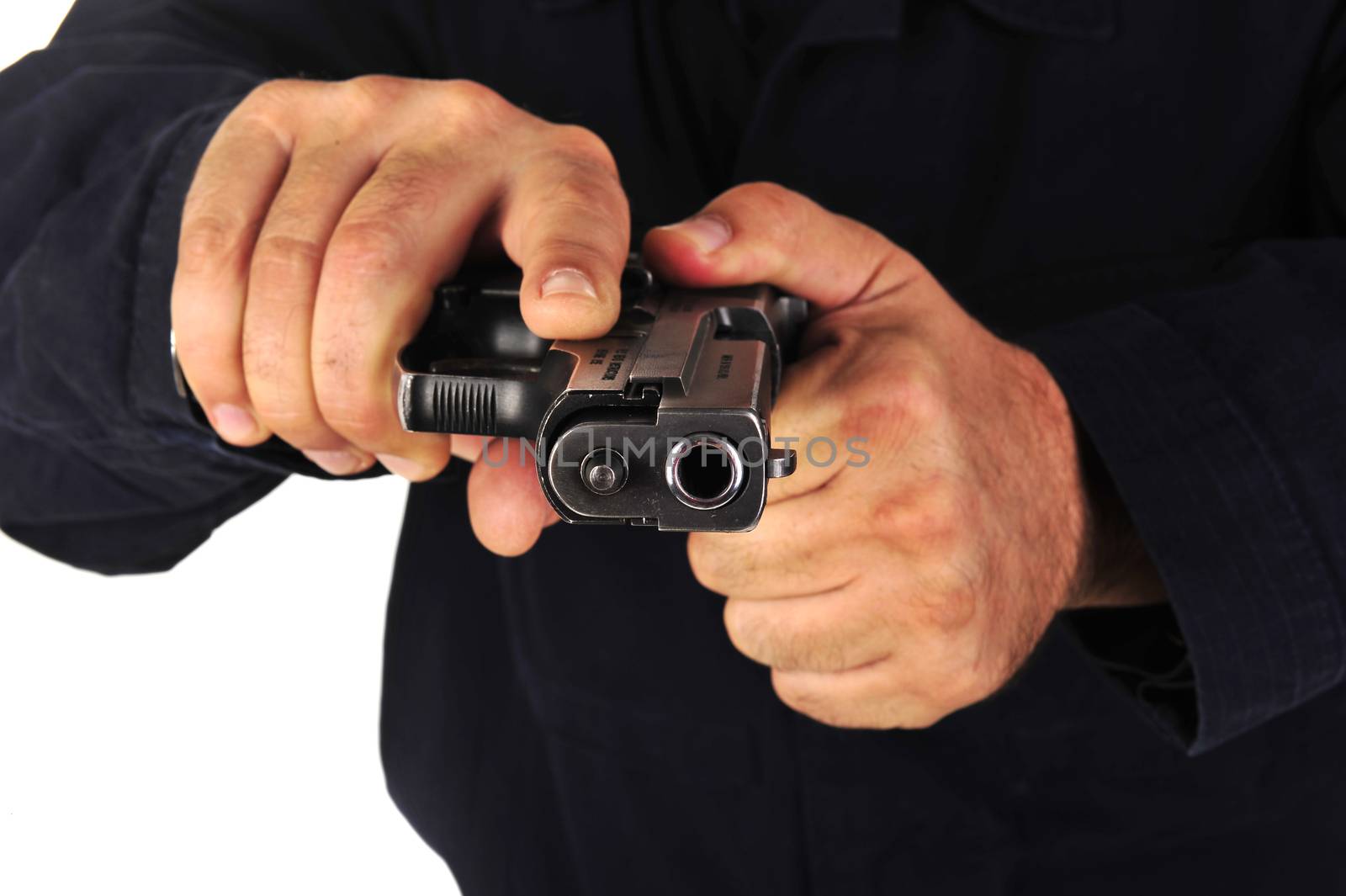 Close up view on gun in the hand on white background