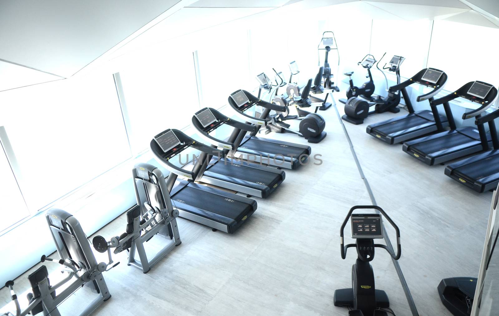 View on modern empty large gym with lot of weights