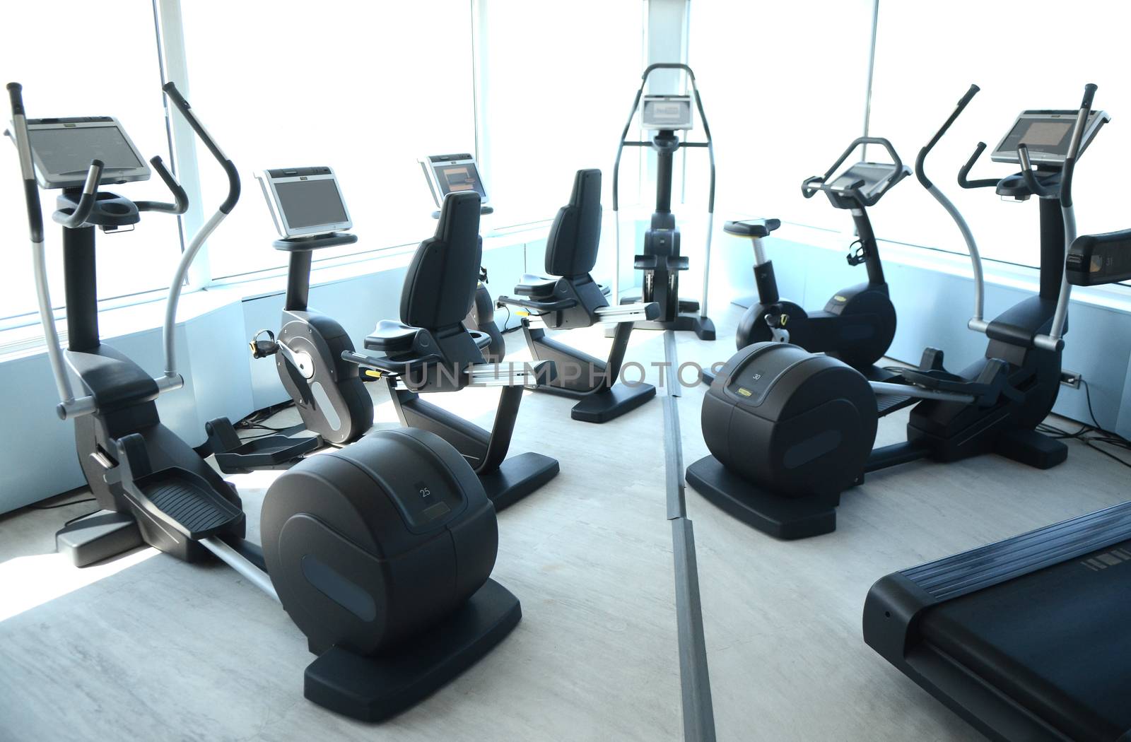 View on modern empty large gym with lot of weights