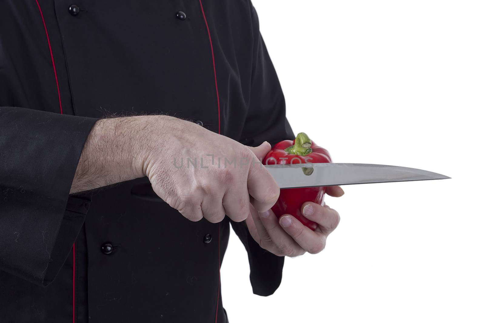 Chef with knife and paprika on white background