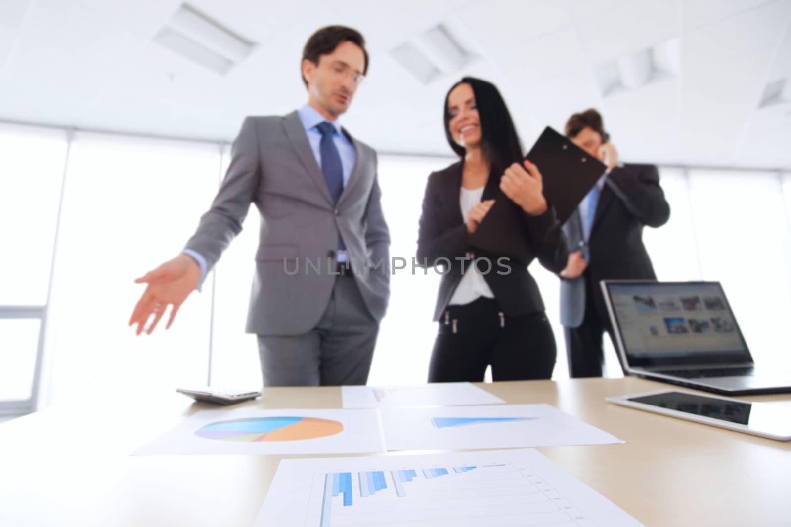 Business people discussing financial reports in office