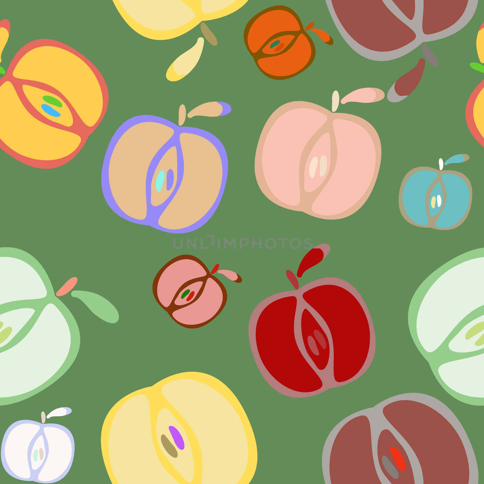 Seamless colorful background with apples on green background