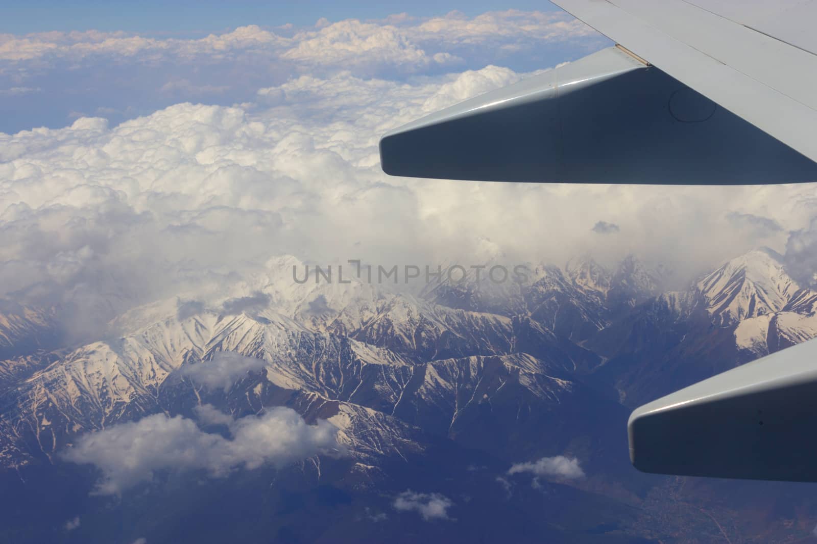 plain wing and mountains with snow below