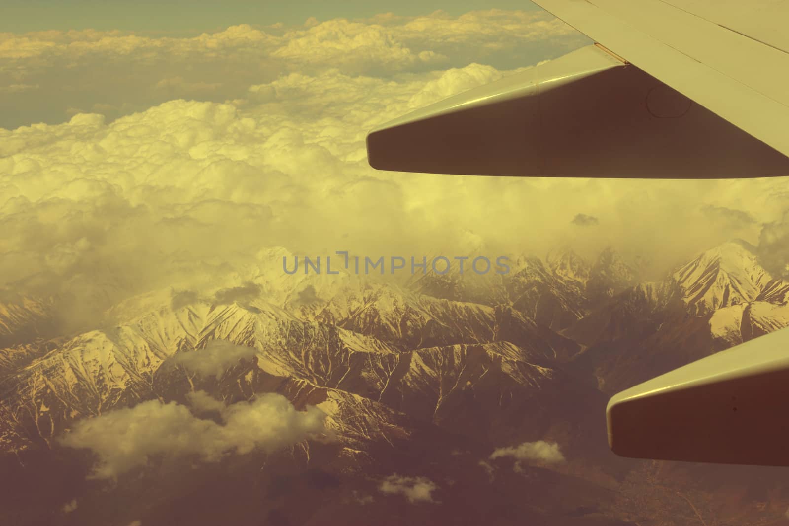 plain wing and mountains with snow below