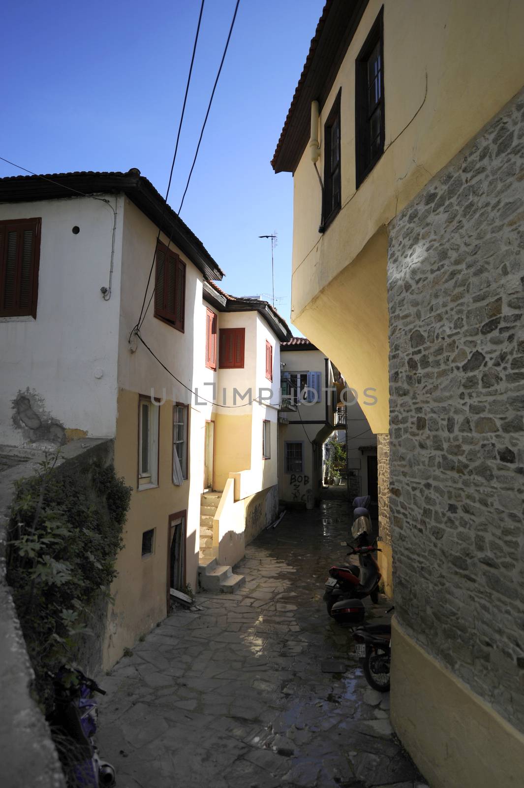 Old Greek houses in narrow streets of Kavala