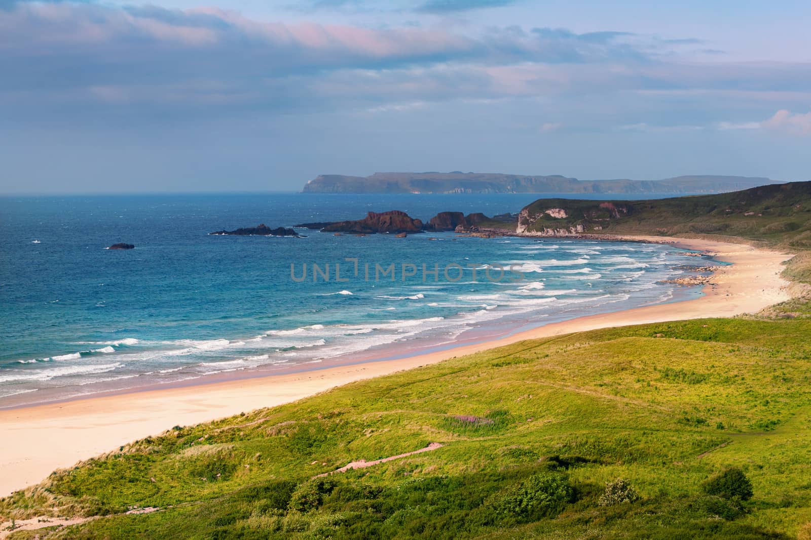 panoramic view of White Park Bay near Ballycastle, County Antrim along the Giants Causeway Coastal Route, Northern Ireland
