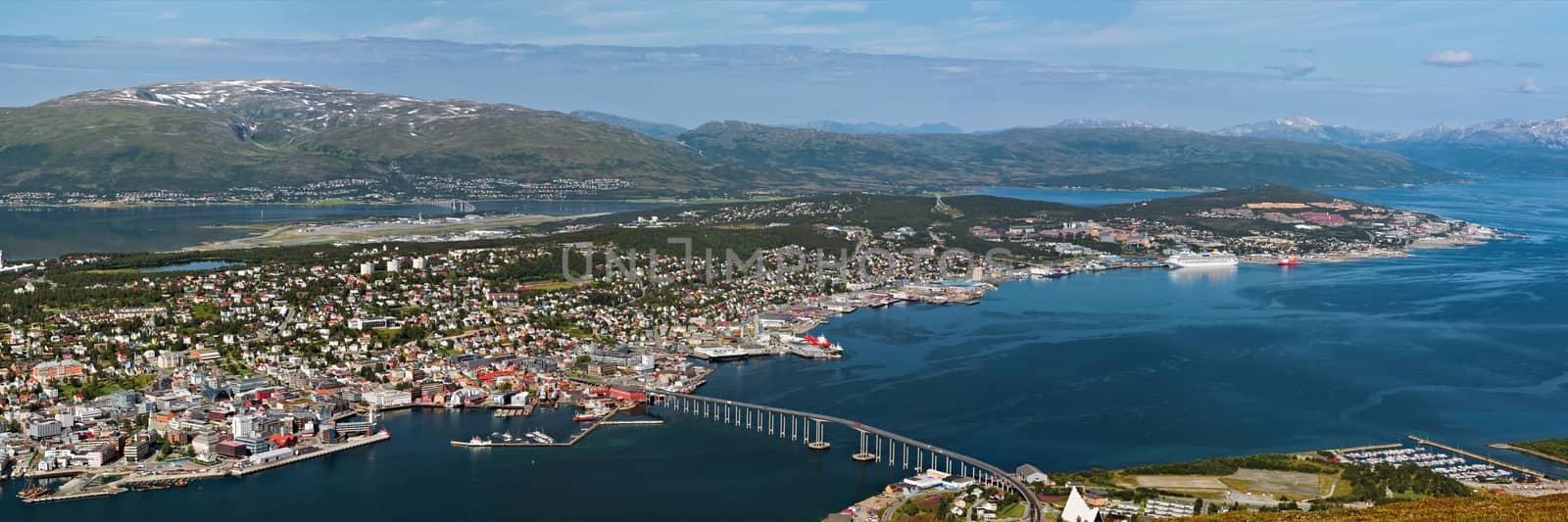 Panoramic view of Tromso and its port seen from the top of a mountain, Norway