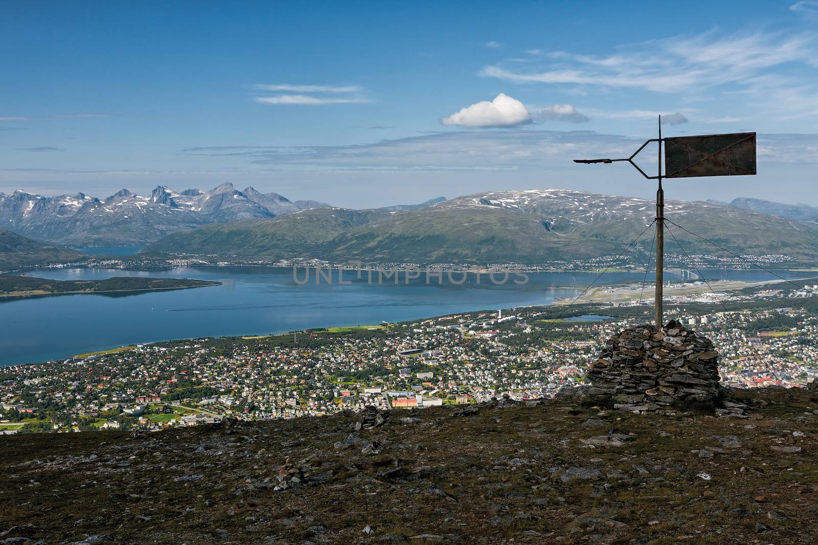 View of Tromso and mountains seen from the top of a mountain, Norway