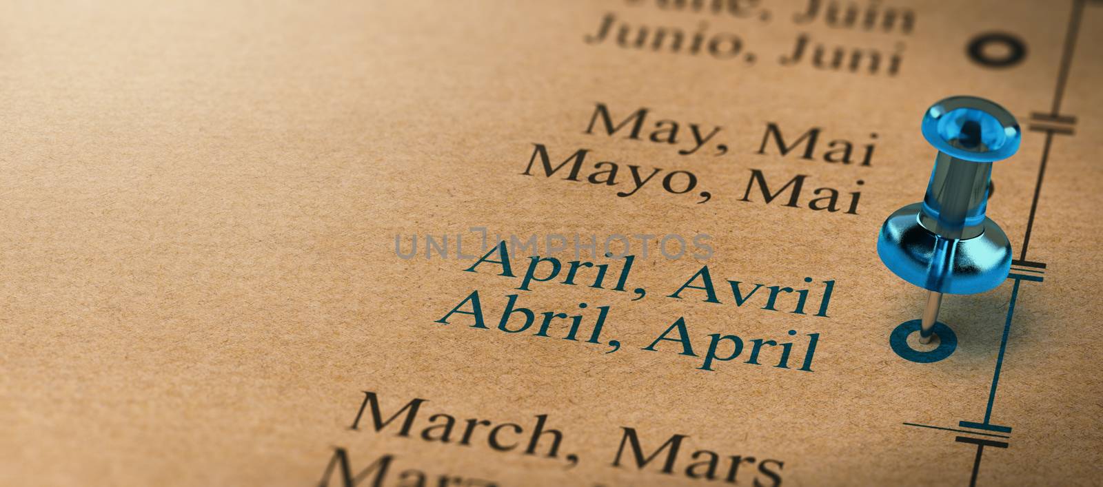 Poject or business planning with a thumb tack pointing on april. Months of the year concept. 3D illustration.