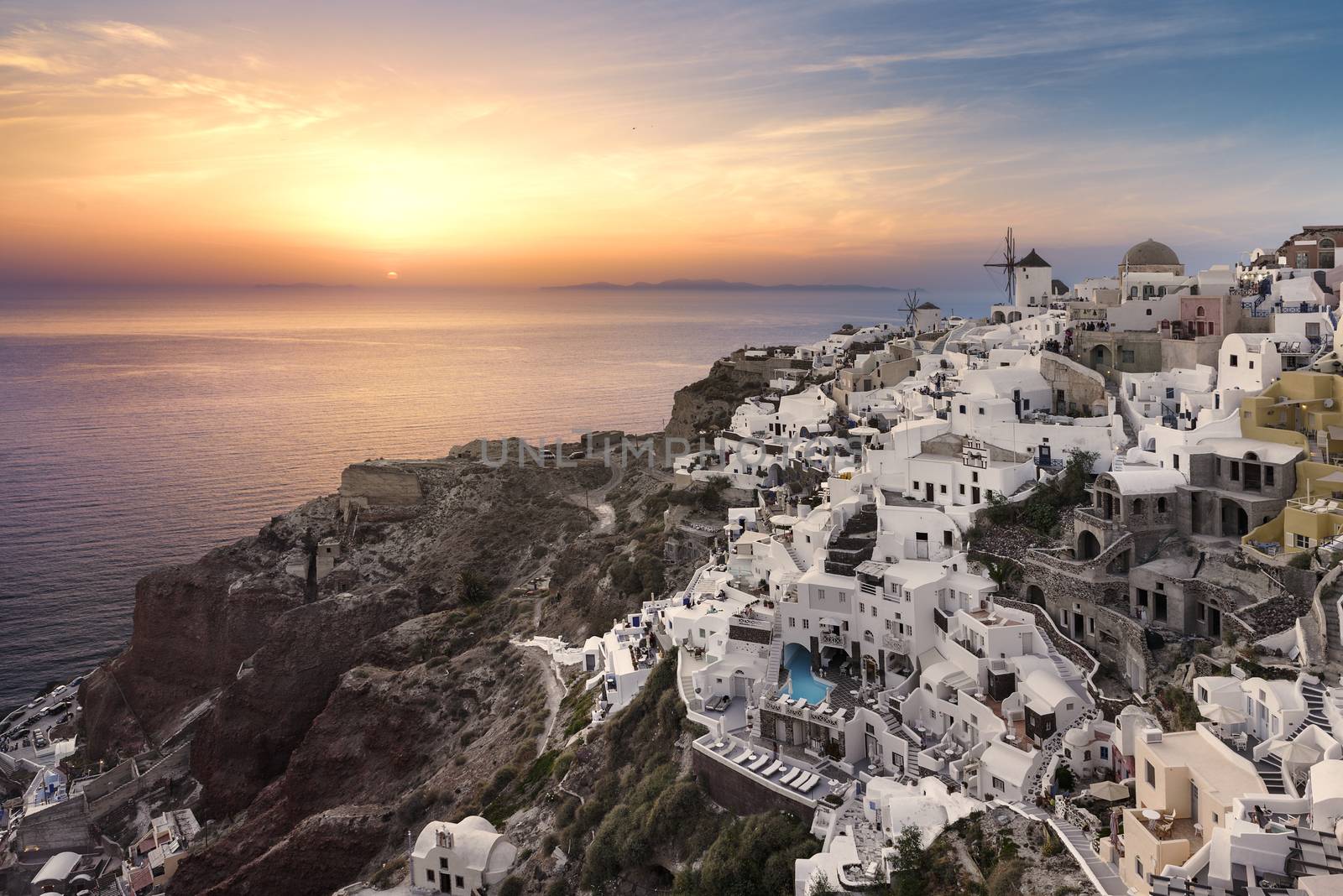 Evening time and view of Oia village on Santorini island, Greece.