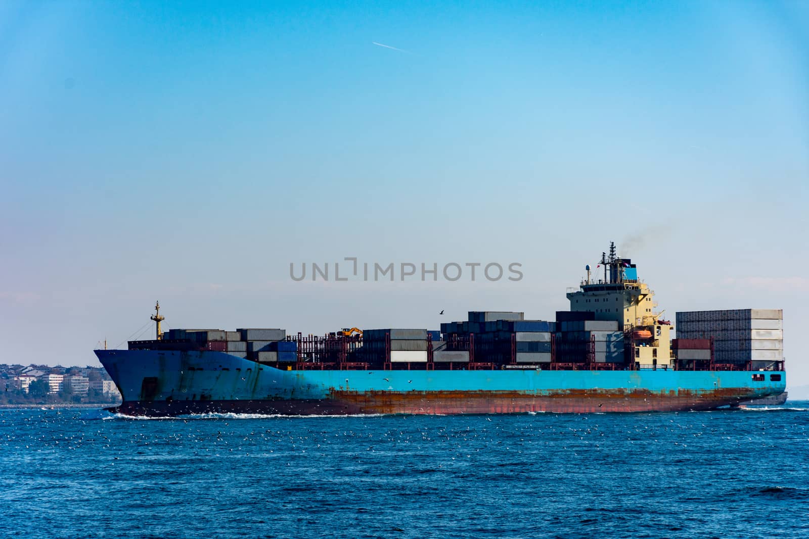 cargo ship sailing on the Black sea in Istanbul, Turkey