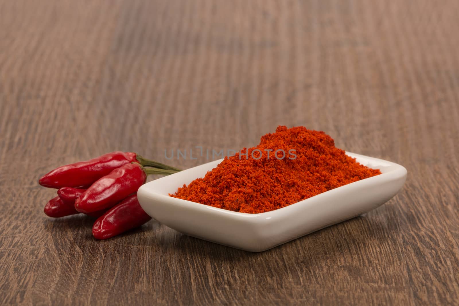 Bowl of ground red pepper spice in bowl over wood background.