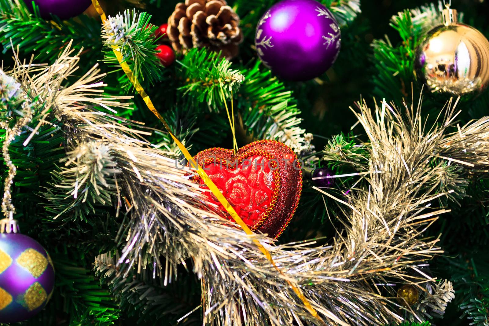 Closeup shot of christmas tree with baubles