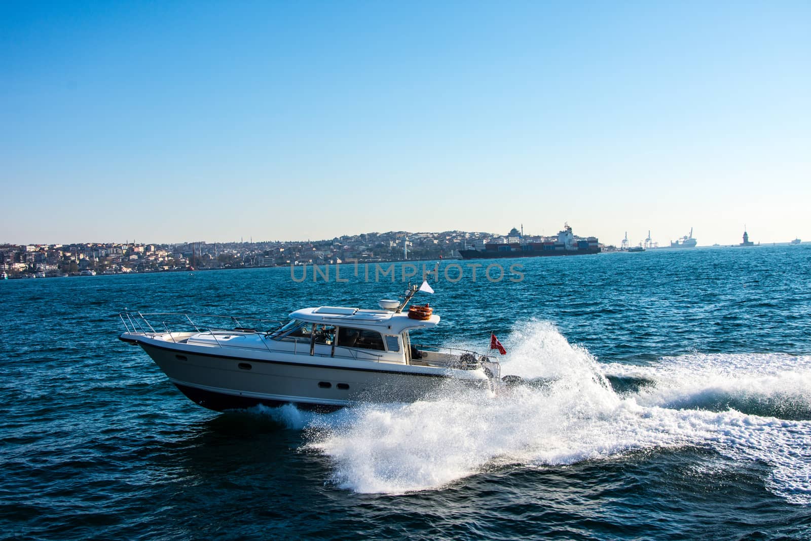 Boat is leaving track on the Marmara sea water in Istanbul