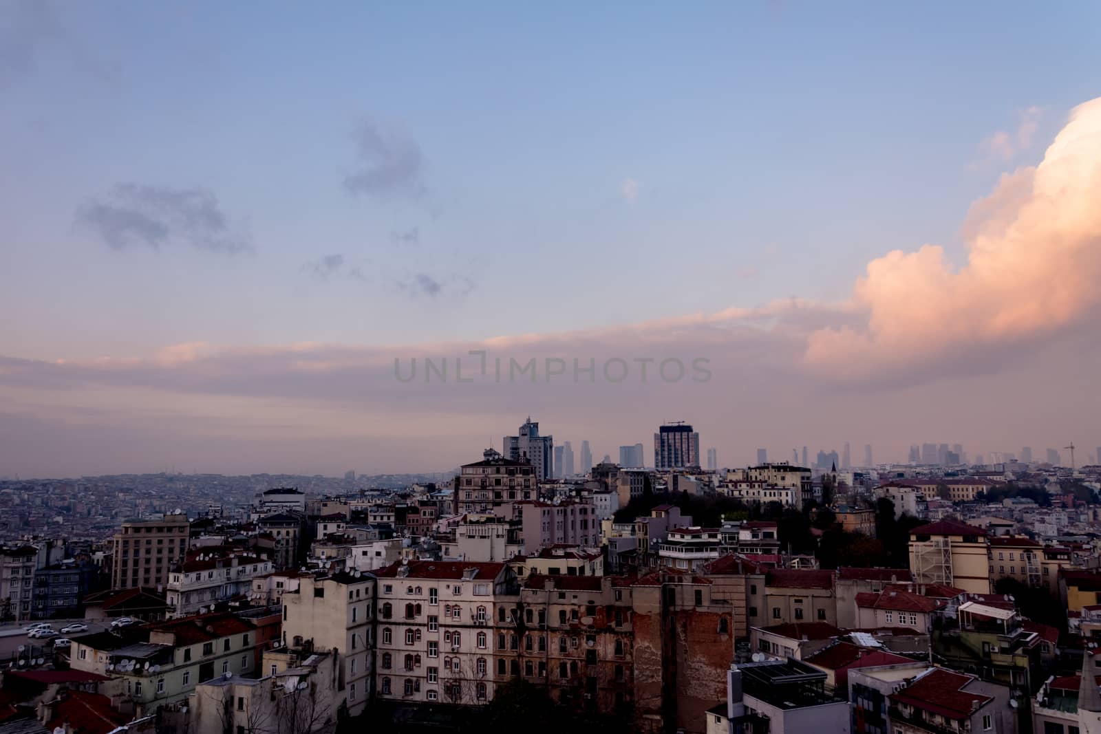 View to the urban part of the Istanbul city from the Galata Tower in the evening