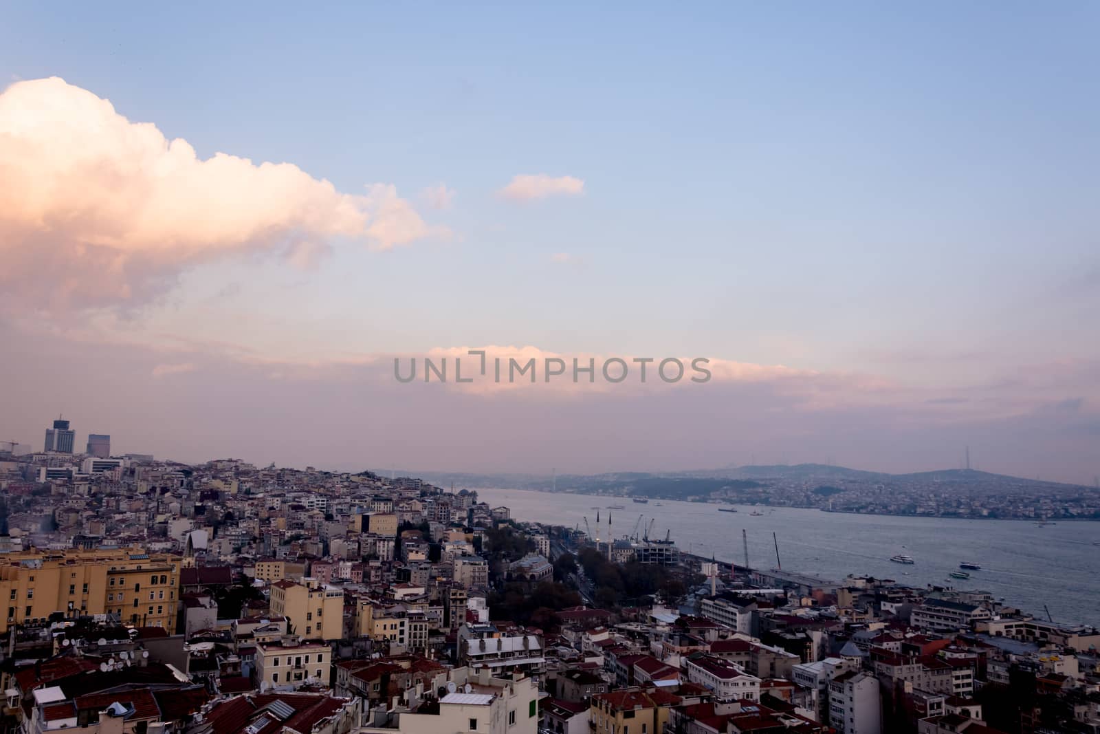 view to the urban part of the Istanbul city from the Galata Tower in the evening
