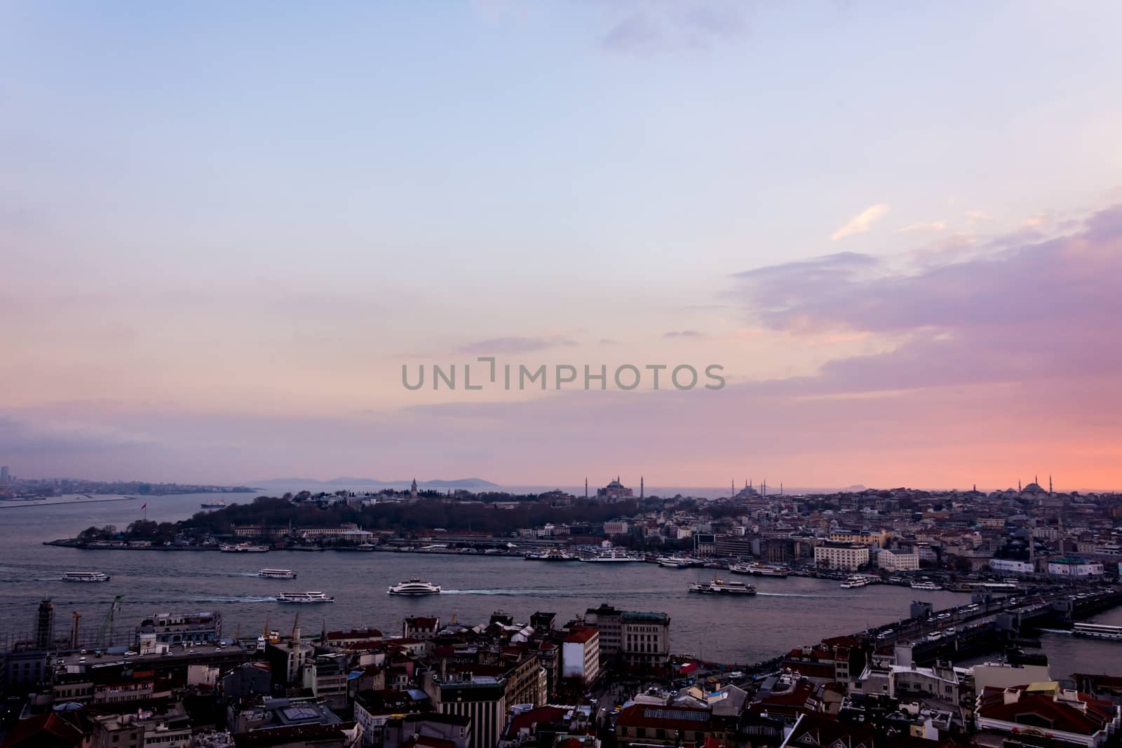 istanbul cityscape looking from the Galata Tower at the evening time