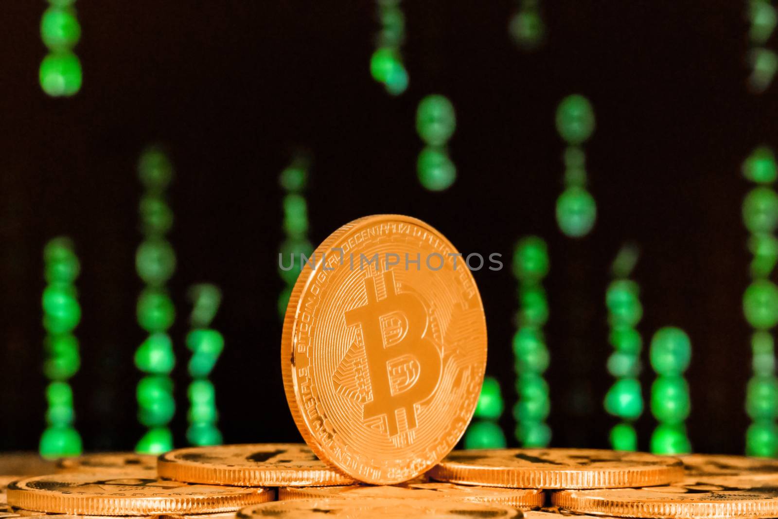 close up of bitcoin with numbers in backgrounds by zhu_zhu