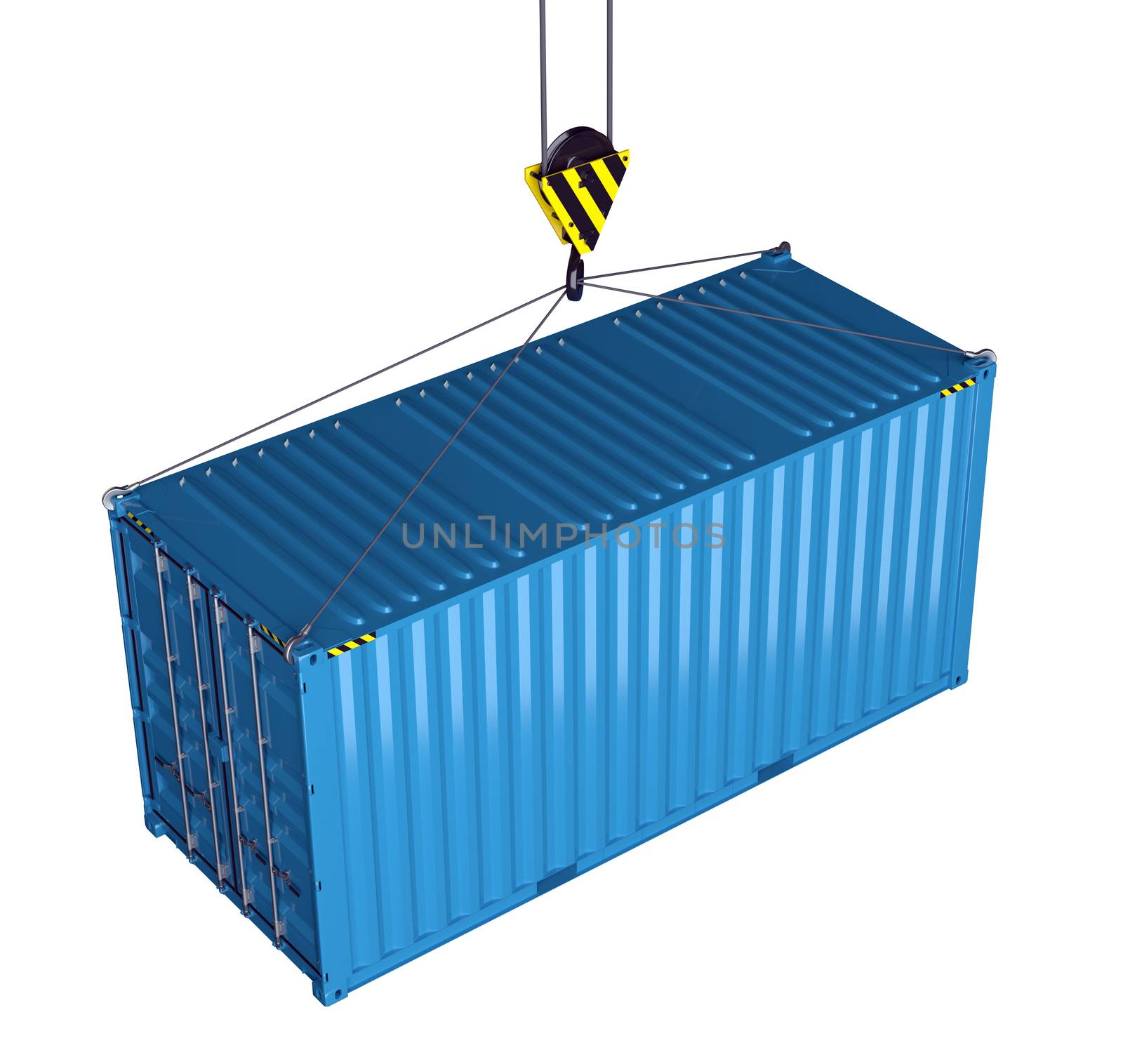 Service delivery - blue cargo container hoisted by hook. 3D rendering