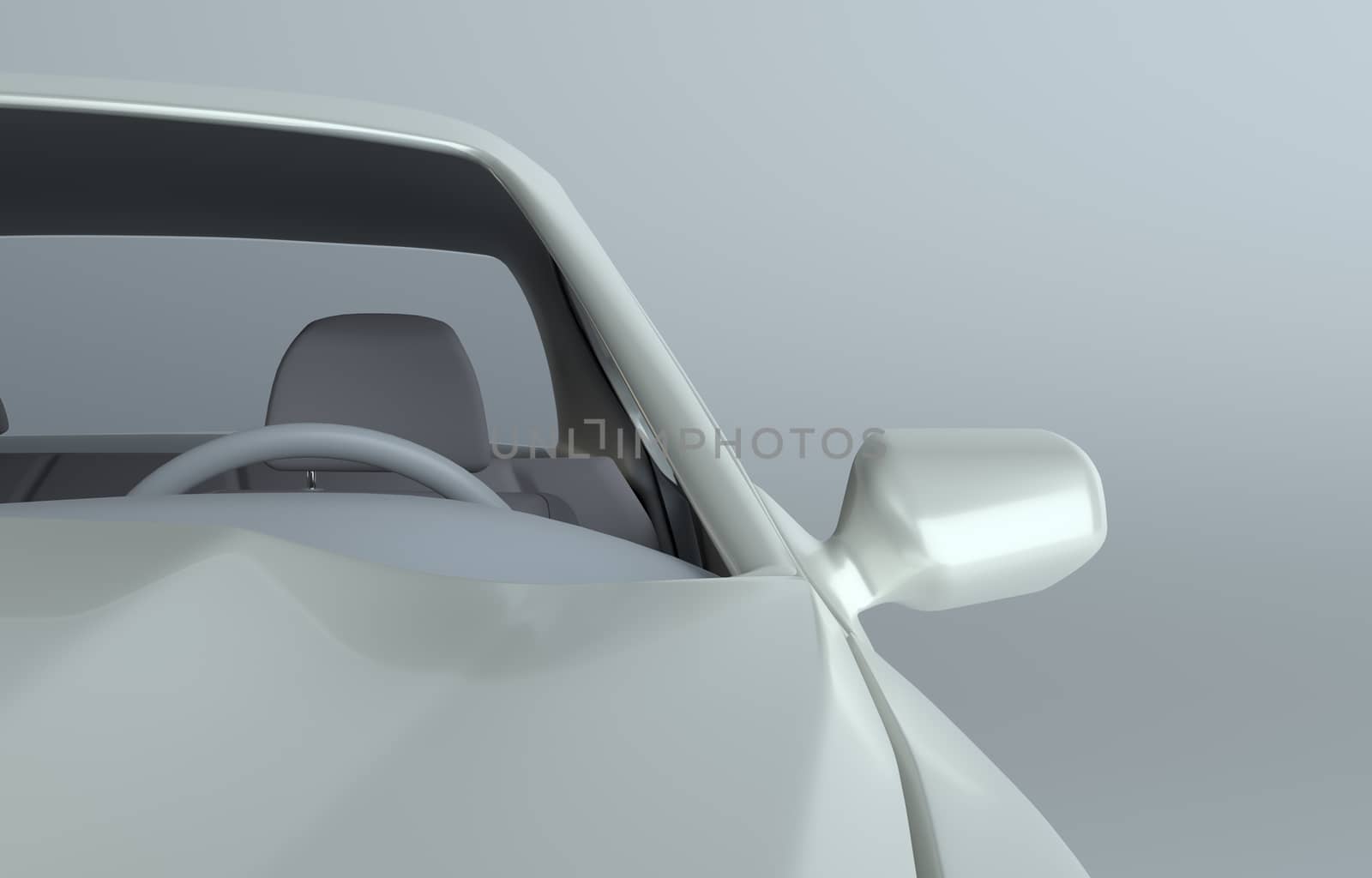 Close up of car on gray studio background - white paint. 3d rendering