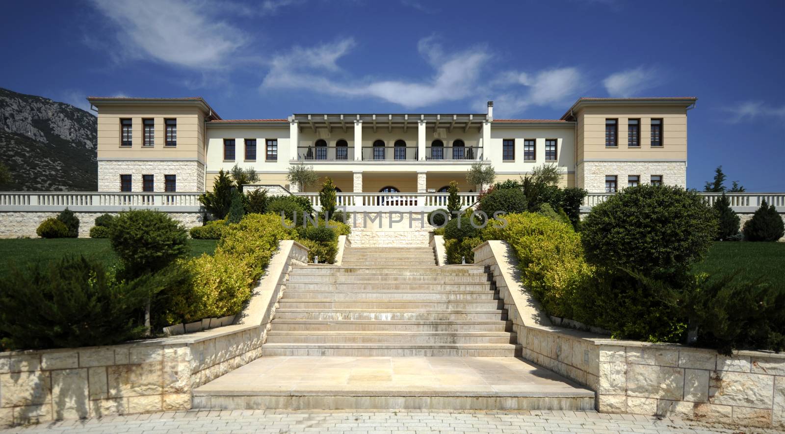 Beautiful large palace with stairs and lawn