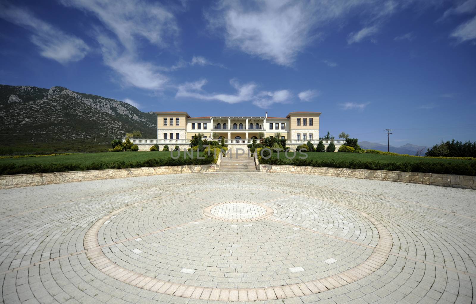 Beautiful large palace with stairs and lawn