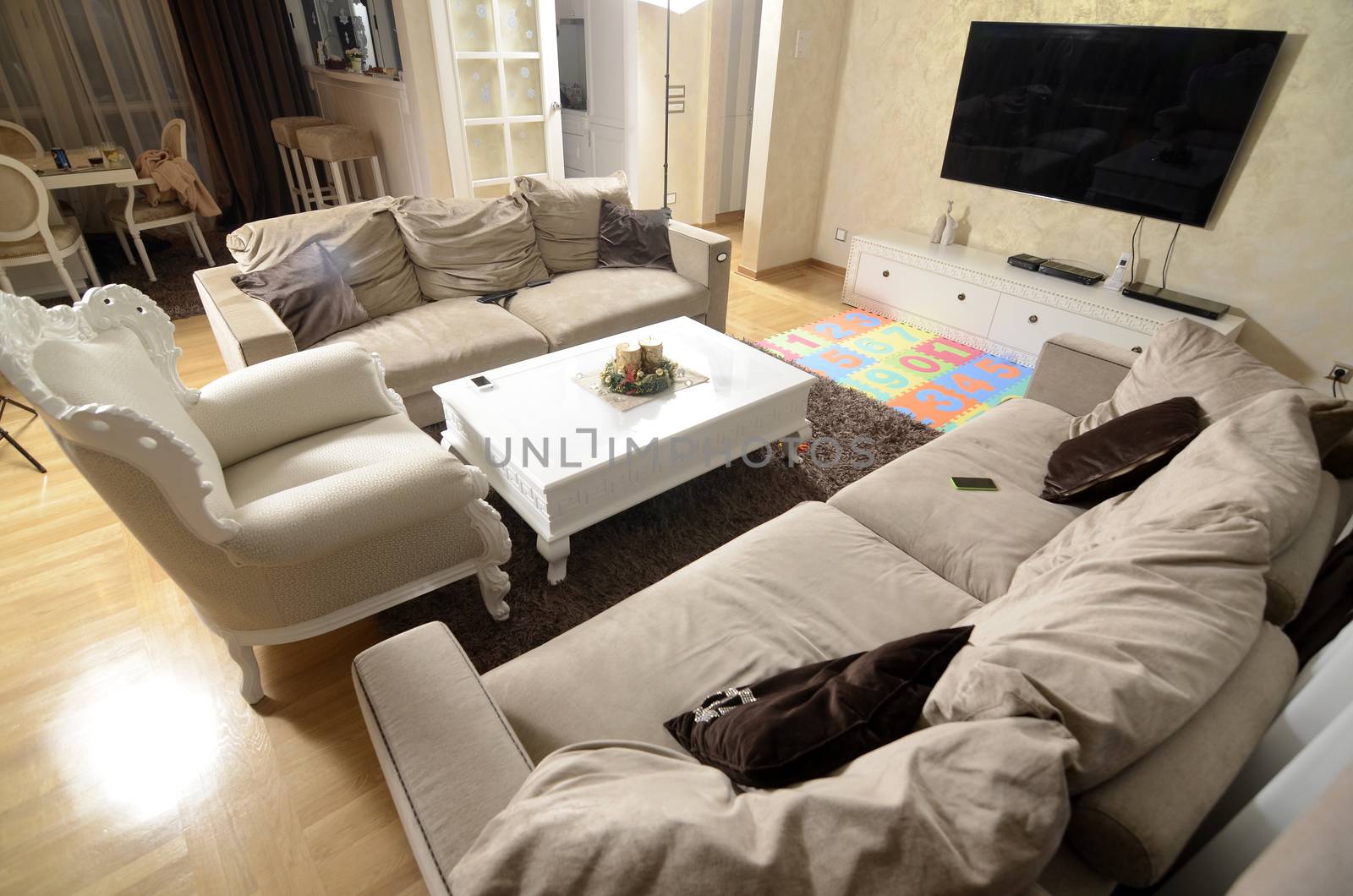 Empty modern large living room with modern furniture