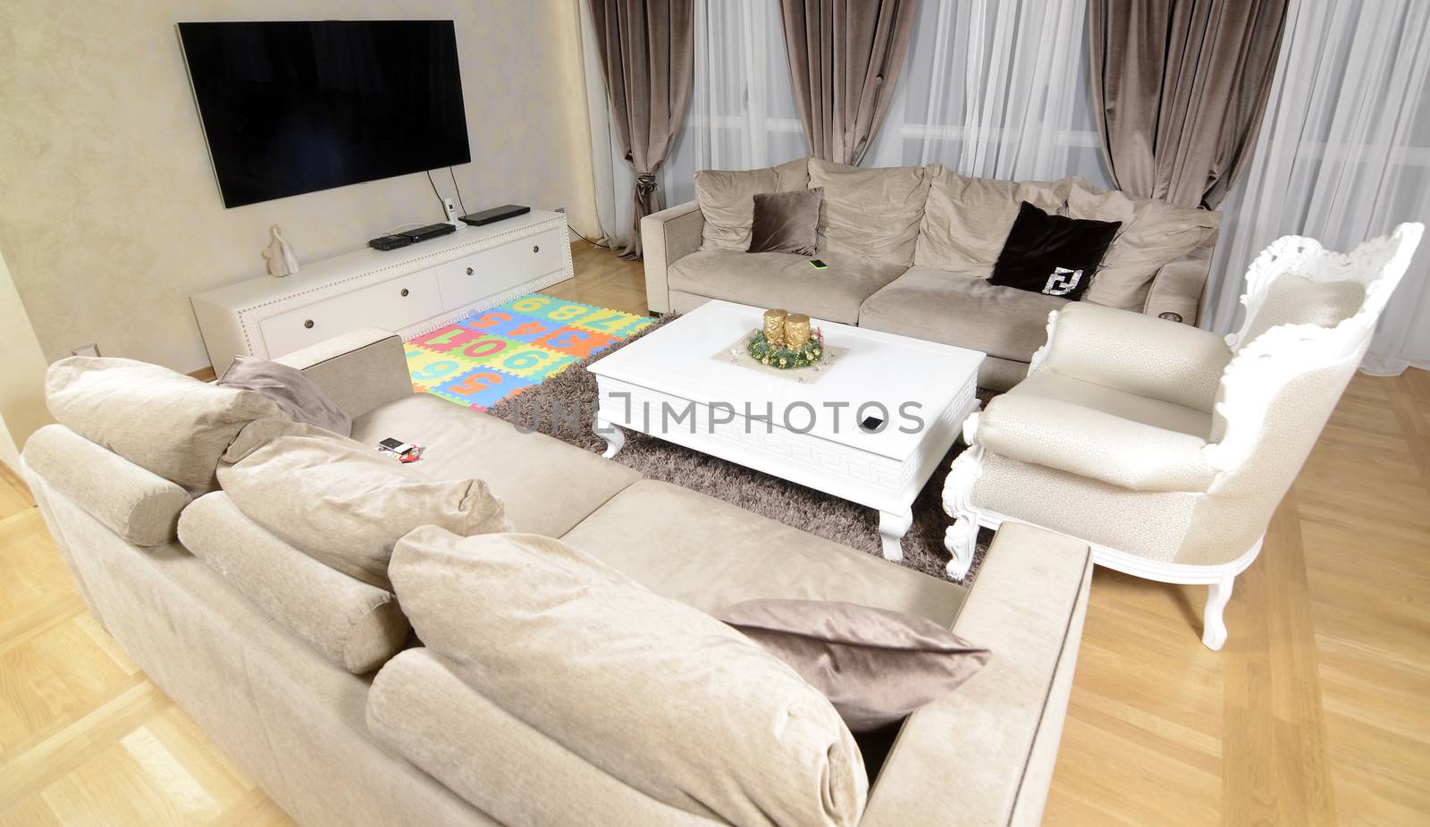 Empty modern large living room with modern furniture