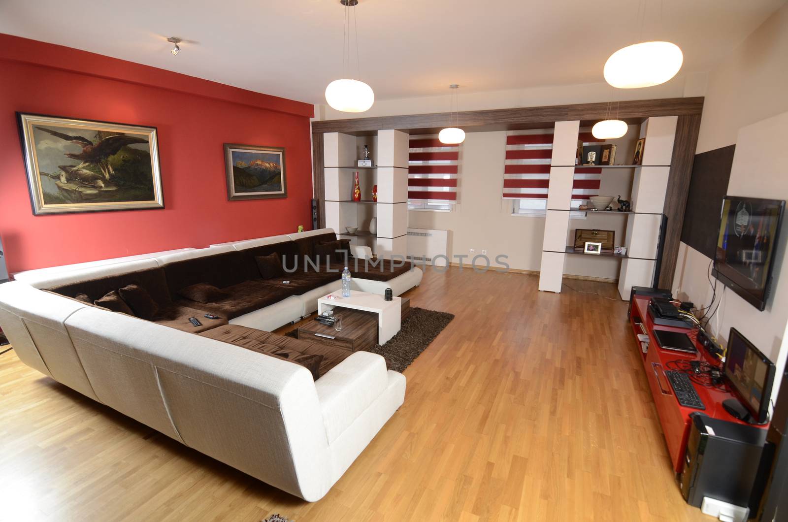 Empty modern large living room with modern furniture