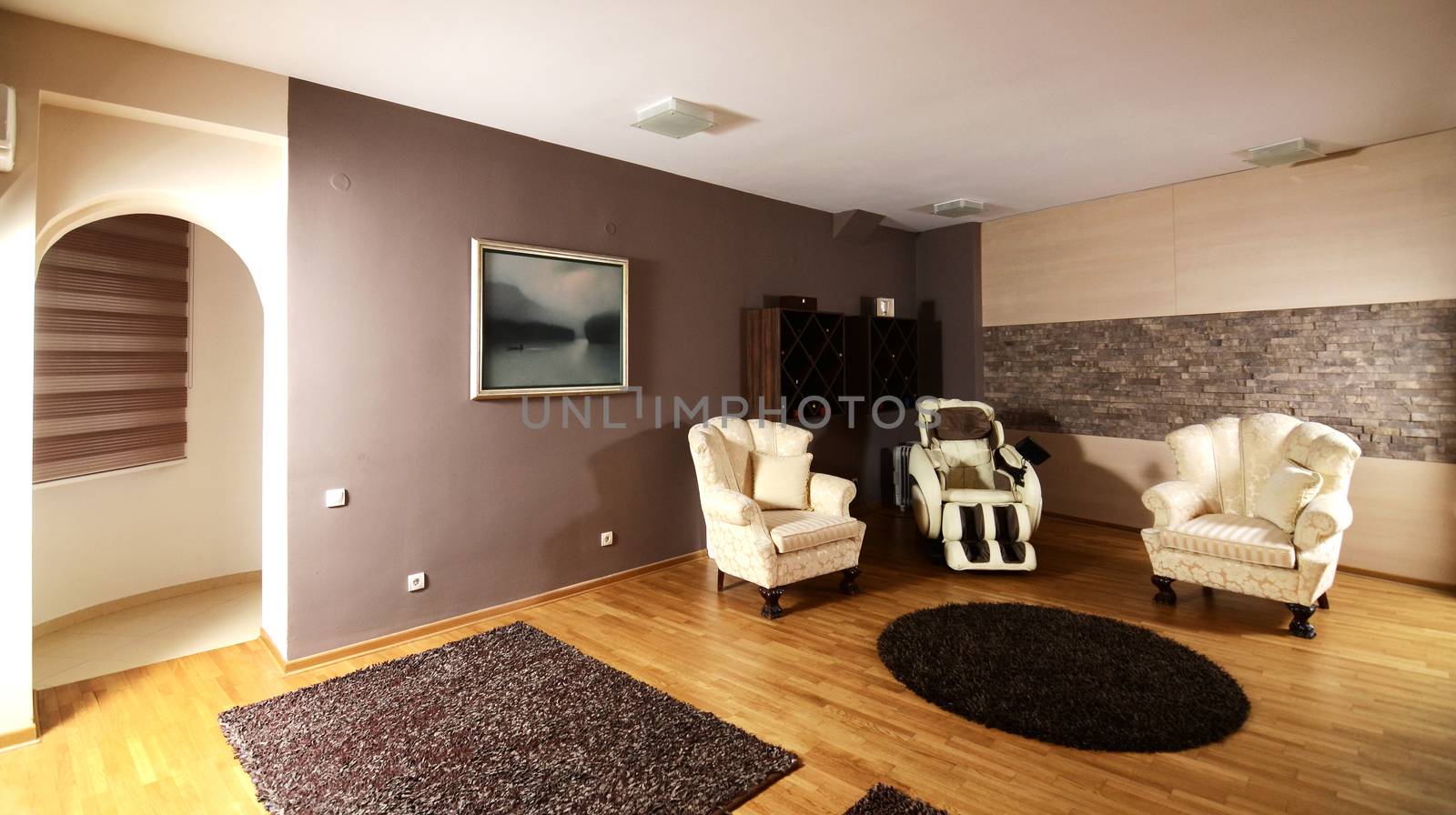 Empty modern large living room with modern furniture
