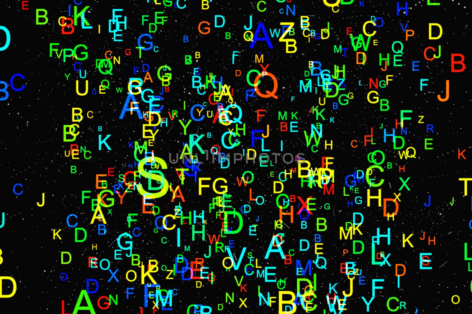 Abstract colorful alphabet fly on black background by cherezoff