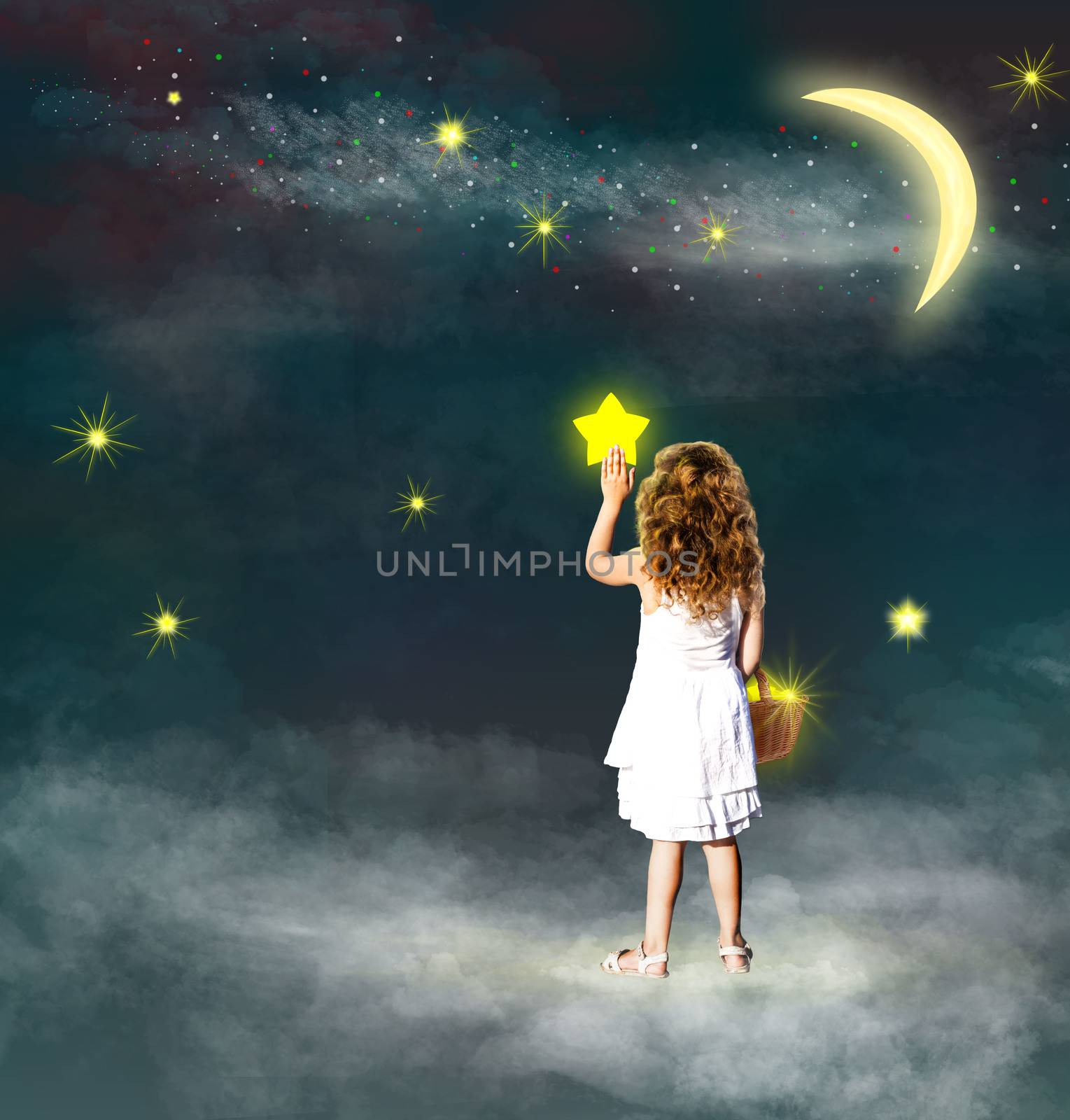 A little girl places the asterisks in the sky. A little girl holds a basket with asterisks and places them in the sky. Girl on the background of the starry sky. Starry sky and clouds.                                                      