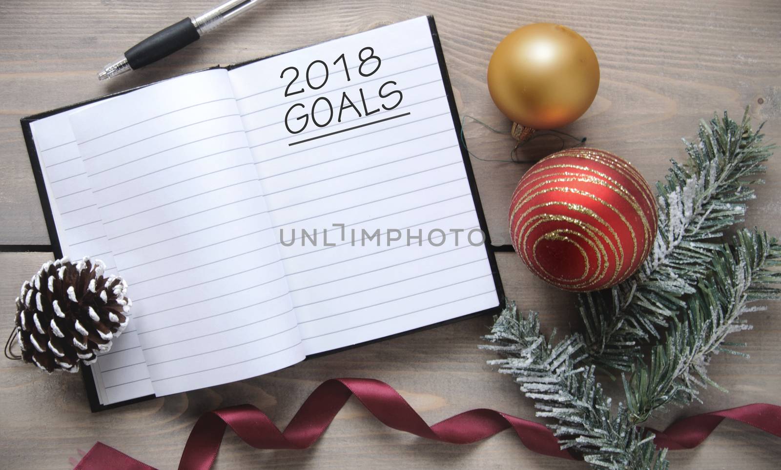 Xmas decorations around a notepad with 2018 goals list 
