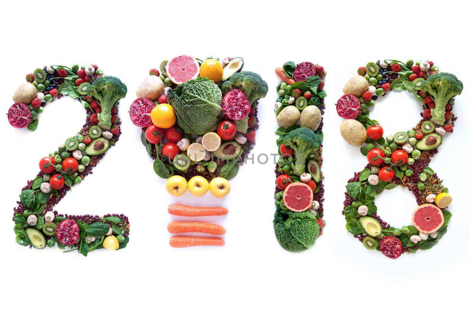 2018 made of fruits and vegetables including a light bulb icon