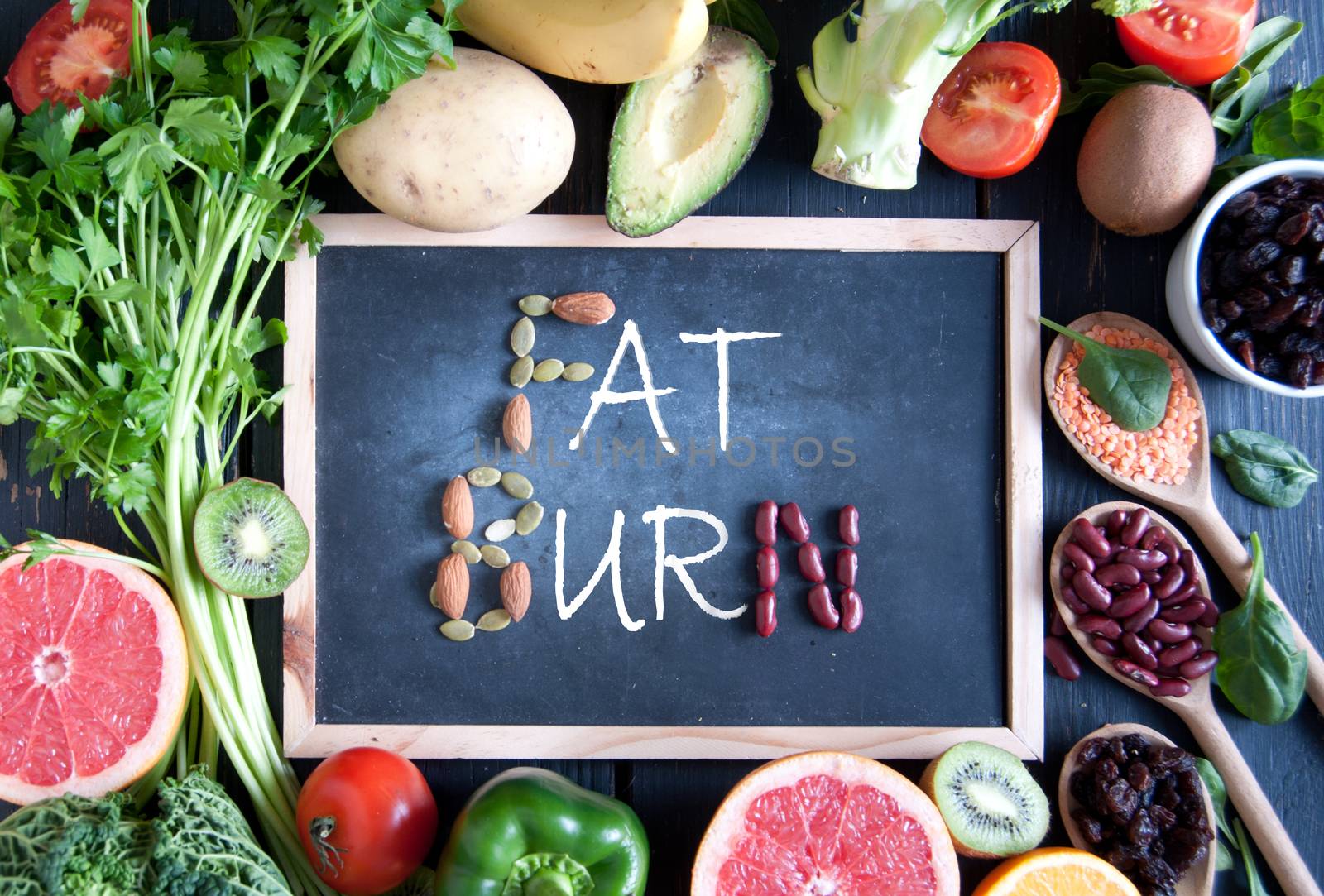 Fat burn on a chalkboard surrounded by fresh detox food ingredients