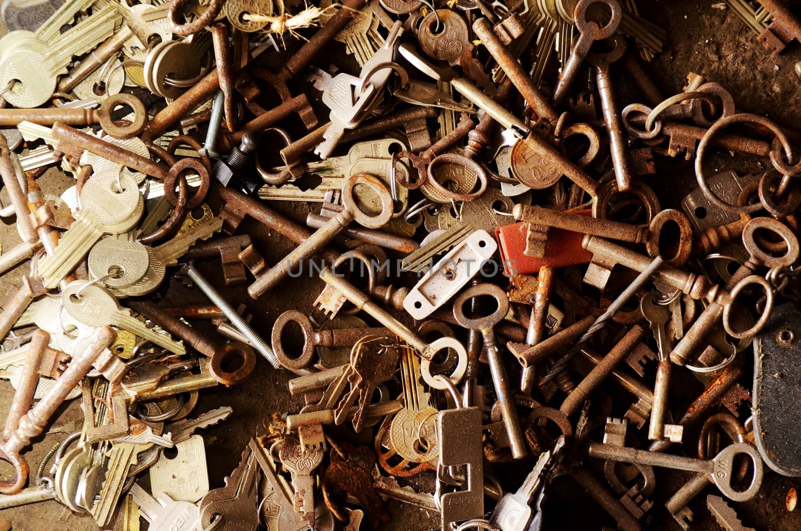 Close up view of many old rusty keys