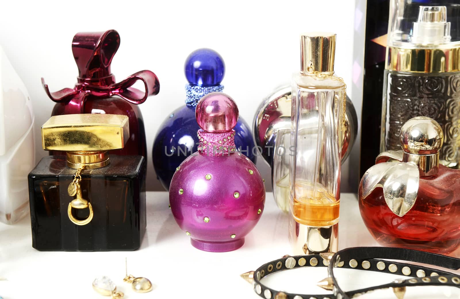 Close up view on perfumes on the table