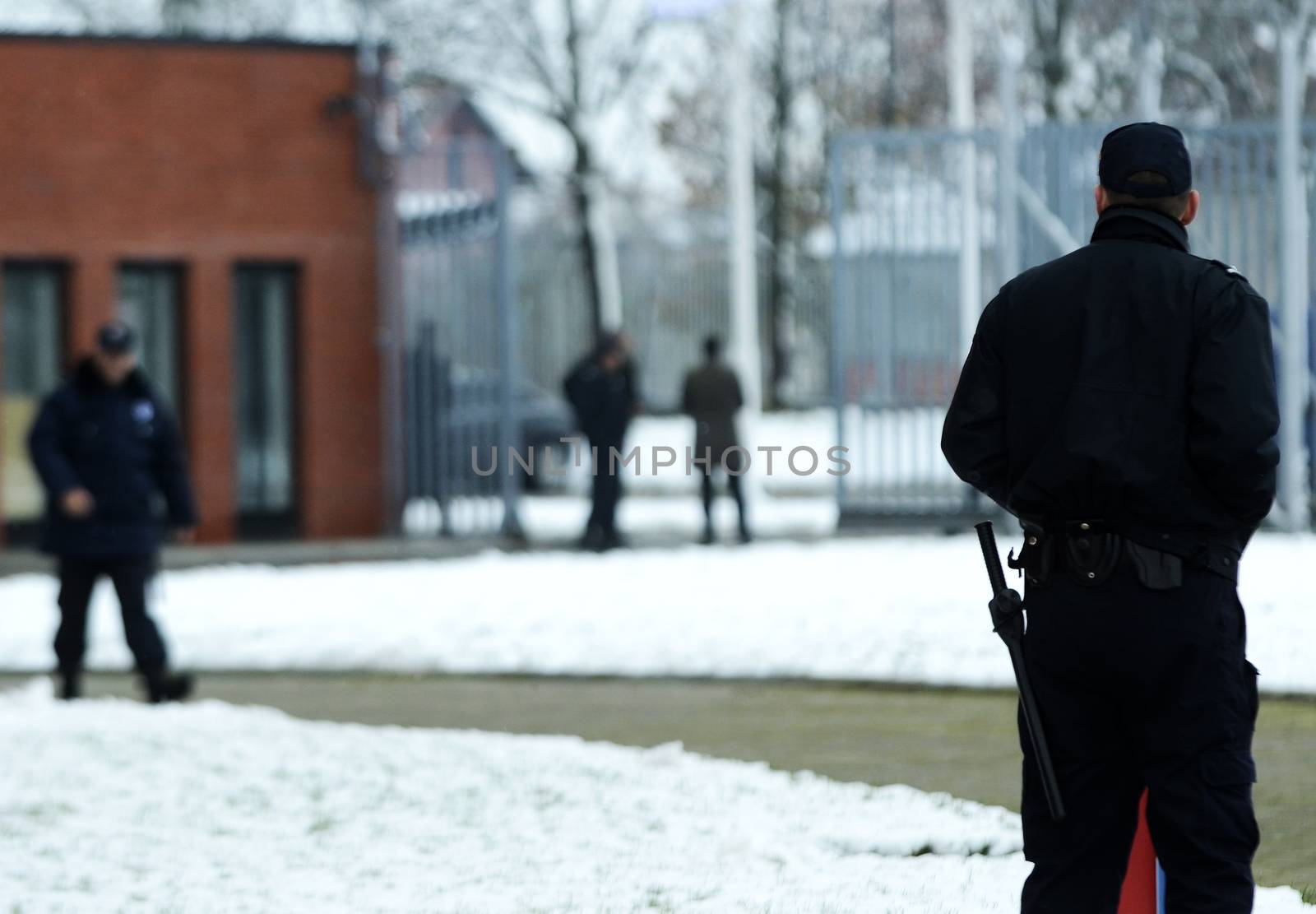 Details of high security prison on winter day